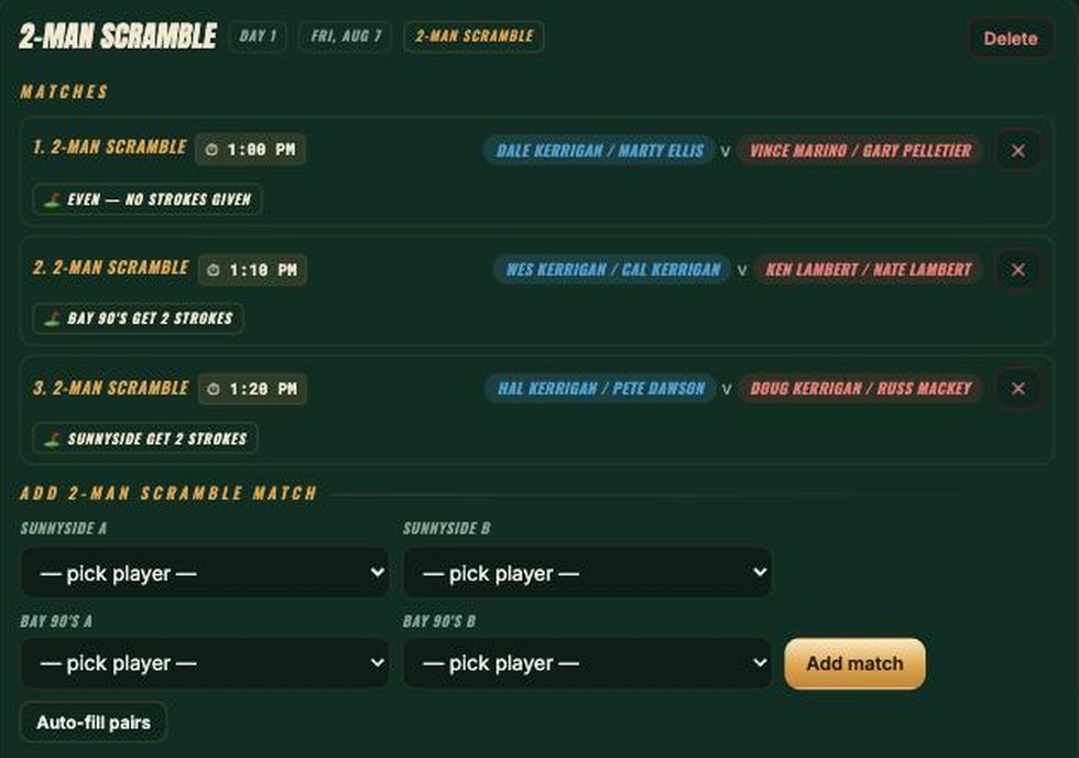 Cup setup: match types with per-match pairings, tee times, stroke allocations, a front-or-back nine picker and the hole-by-hole par and stroke index grid.